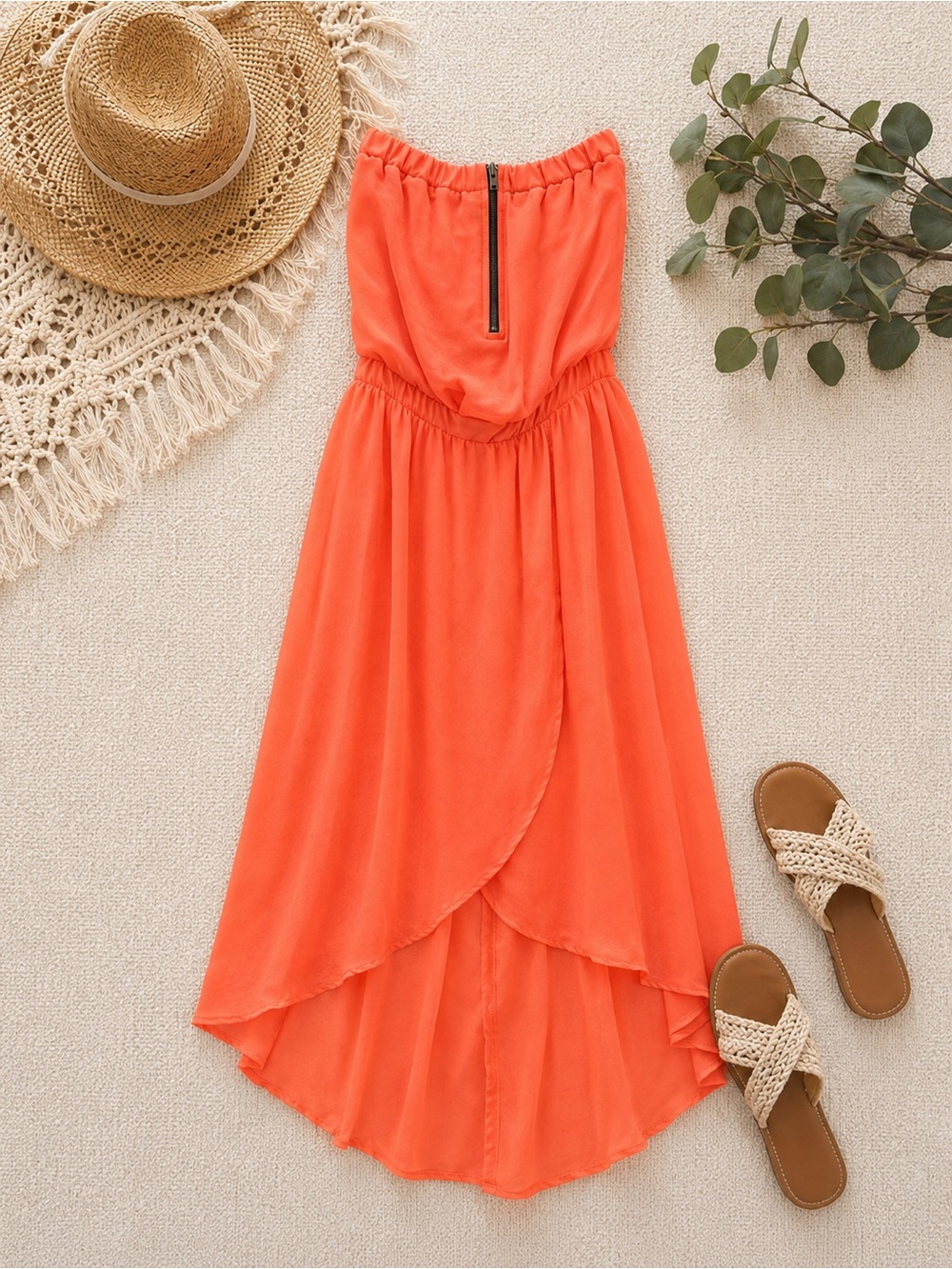 Strapless Coral High-Low Maxi Romper